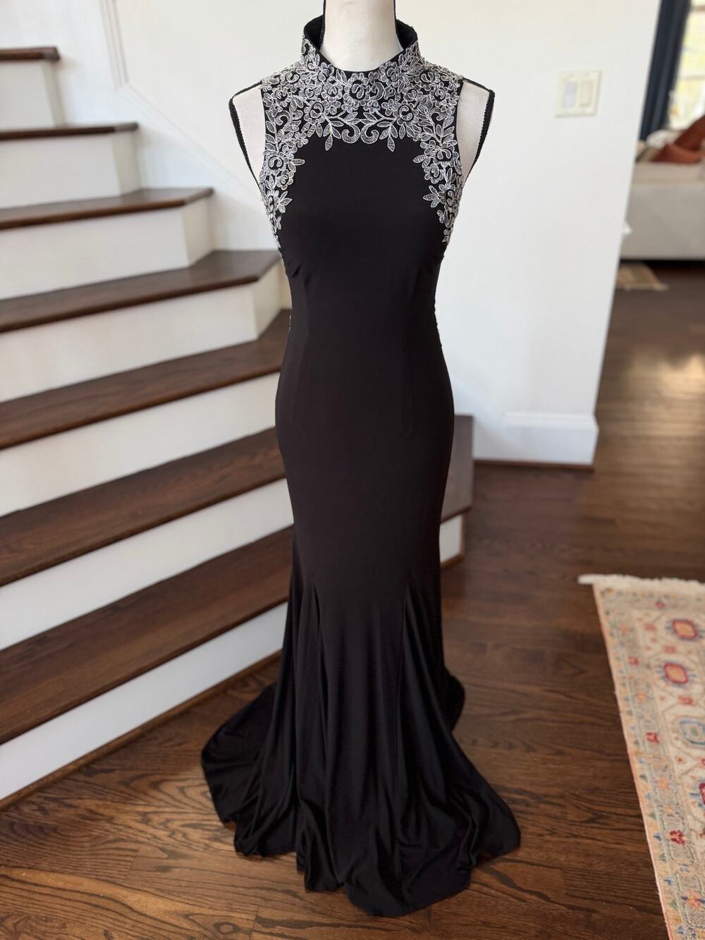 Betsy Adam Black Mock Neck Sleeveless Silver Floral Illusion Embroidery Gown